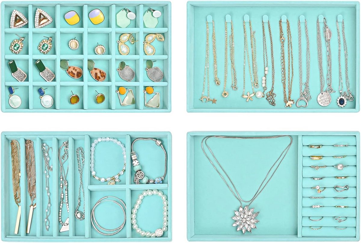 Set van 4 stapelbare sieradenorganizers voor lades - Ideaal voor het opbergen van oorringen, kettingen, ringen en armbanden