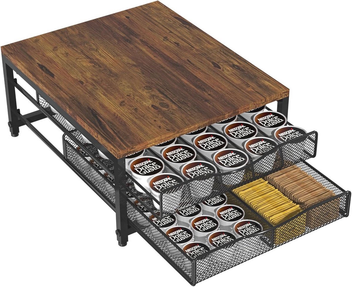 Koffiepadhouder voor Aanrecht - Houten K-Bekerhouder met Schuiflade en Grote Capaciteit voor Koffiepod-Opslag