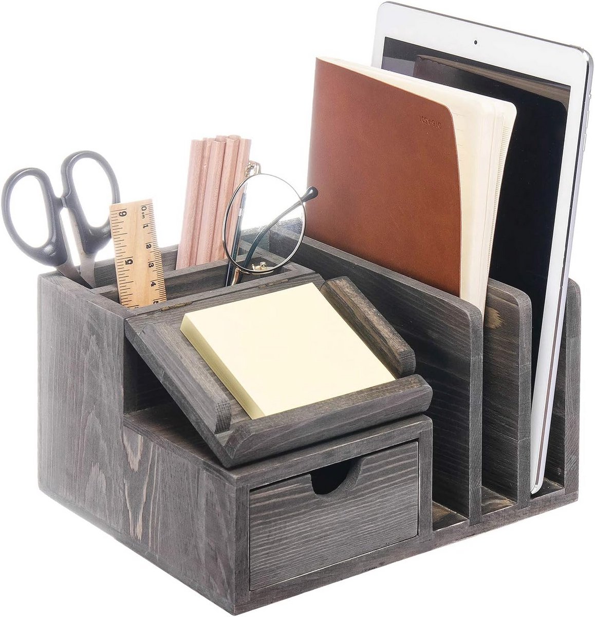 Rustieke Houten Bureau Organizer met Compartimenten en Lade voor Kantoor en Thuis