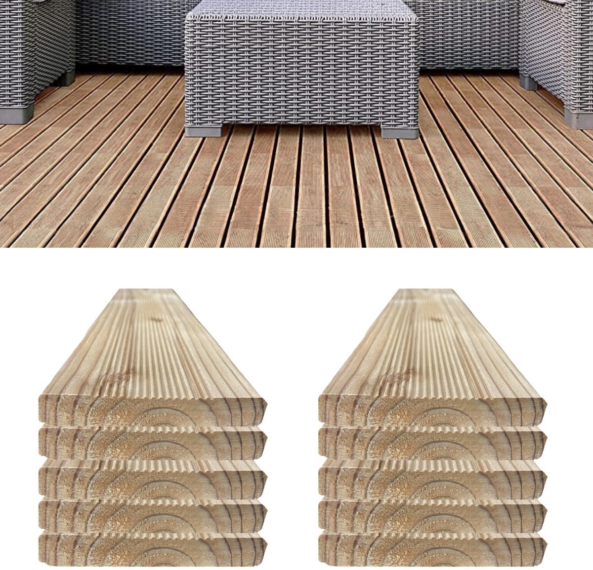 Floranica Set van 10 Vlonderplank larikshouten 60 cm Schuttinglatten, Terrasplanken, constructiehout met groeven