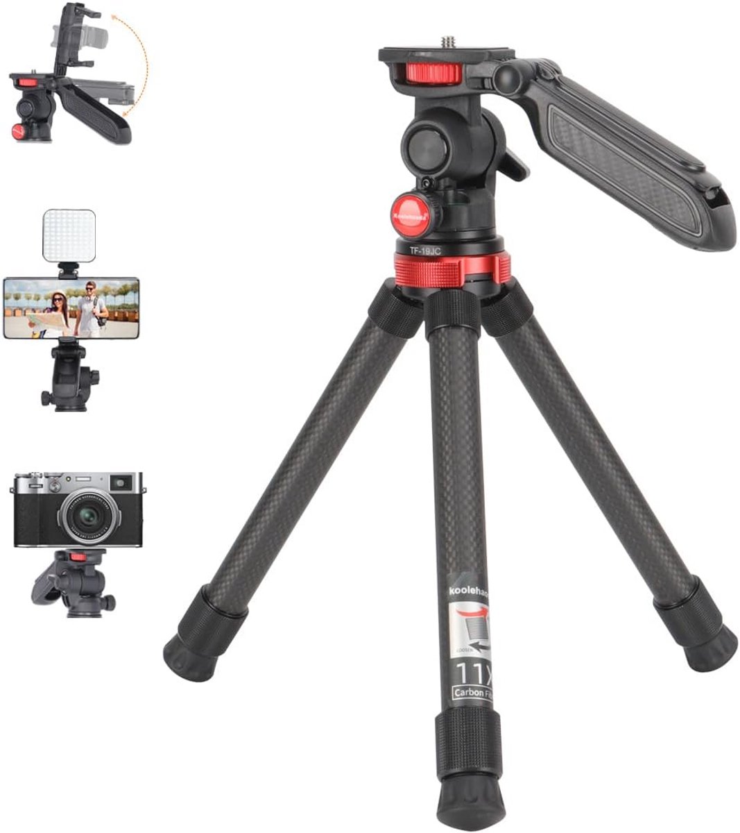 Mini Camerastatief van Koolstofvezel - Compact en Licht Reistatief met 360° Draaibare Kop voor Smartphones en Spiegelloze Camera's
