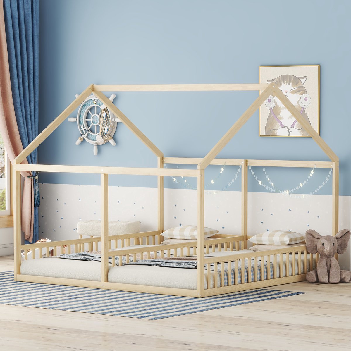 REDOM Bedframe 90x200 cm – Huismodel met dak en raam – Tussenhek voor 2 kinderen – Dennen/MDF – Naturel Natuurlijk