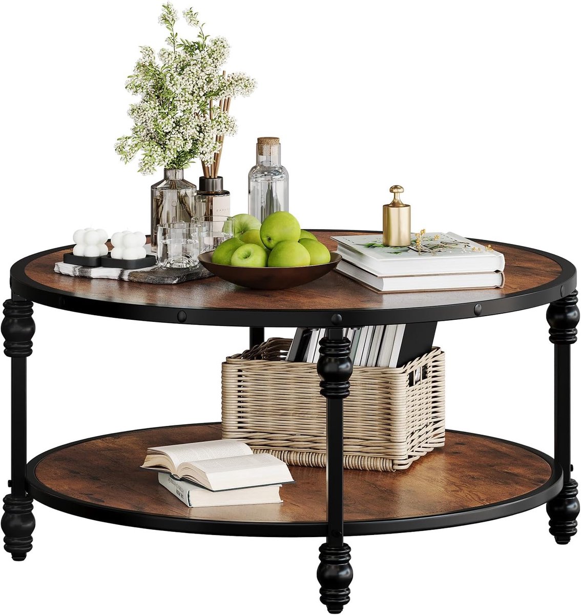 Ronde Salontafel - Salontafel met Opbergplank - Bijzettafel Bruin - Tafel - Sidetable voor Woonkamer, Thuiskantoor - 72x72x48cm