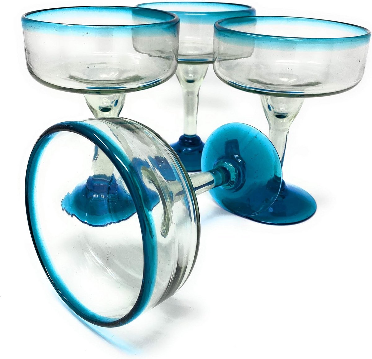 Set van 4 handgeblazen margaritaglazen met aquablauwe randen