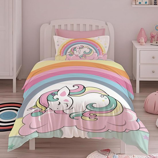 INTOMENG Eenhoorn beddengoed, 135 x 200 cm, voor kinderen, jongeren, meisjes, tieners, 1 kussensloop 80 x 80 cm, roze, microvezel, 3D eenhoorn, wolk, kroon, patroon, roze achterkant