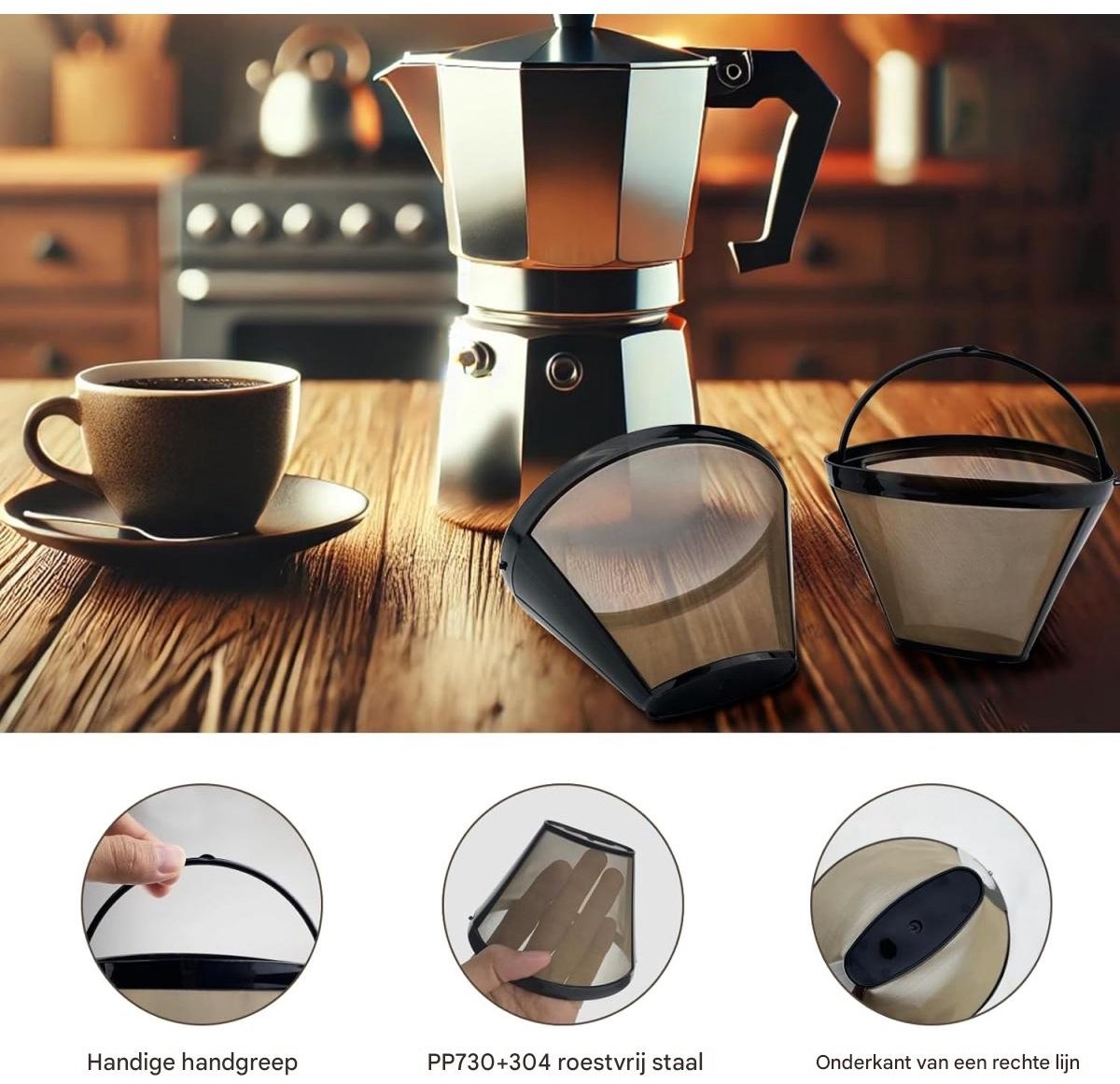 longziming -2*Herbruikbare Koffiefilter van Roestvrijstaal – Fijnmazig RVS Gaas – Duurzaam & Milieuvriendelijk – Geschikt voor Veel Koffiemachines — cadeau in Kookcadeaus - foto 5