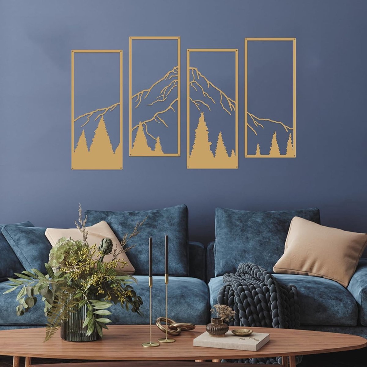 Stunq® Goudkleurige Metalen Muurdecoratie Set – Bergen en Bos Landschap – 4 Elementen