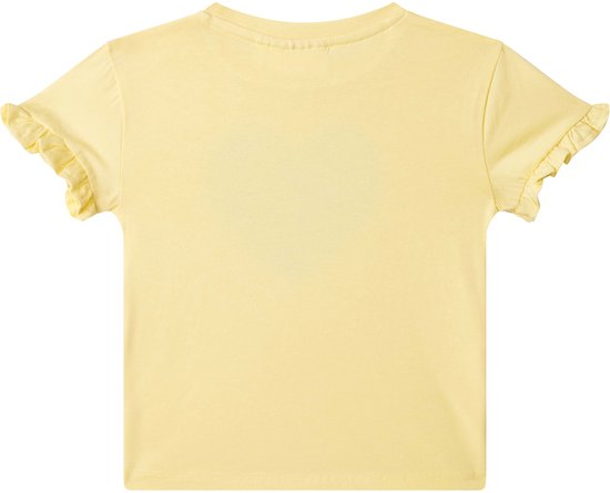 Lichtgele t-shirt met korte ruchemouwen, van achteren gezien.