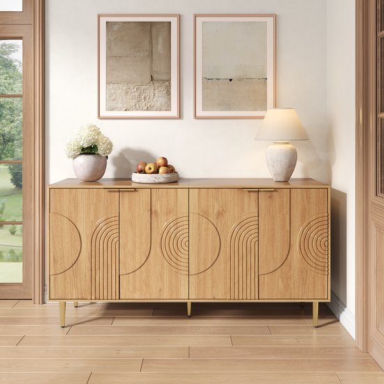Re-purelife® Elegante Sideboard Met Opbergruimte - Warme Houtlook - Moderne Gouden Metalen Poten - Dressoir - Voor Keuken, Woonkamer of Hal - Natuur 140*40*72 cm