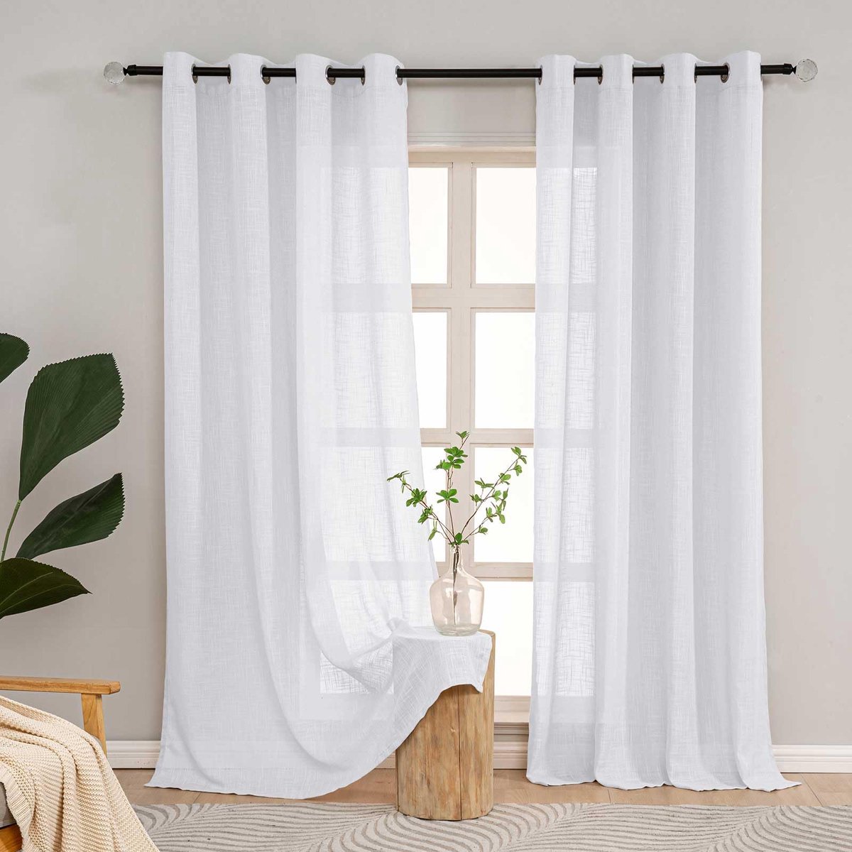 Unyqoos Set van 2 semi-transparante gordijnen in linnenlook voor sfeervolle woonkamer Wit