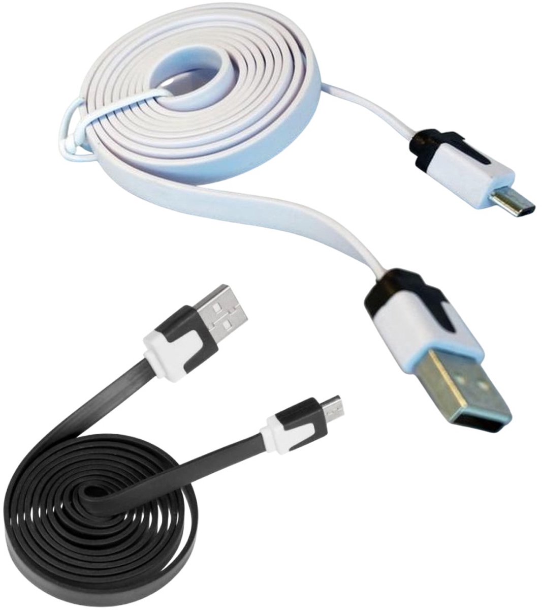 2 X computerkabel Micro USB – USB Kabel (±1 meter) – Plat – Wit/Zwart