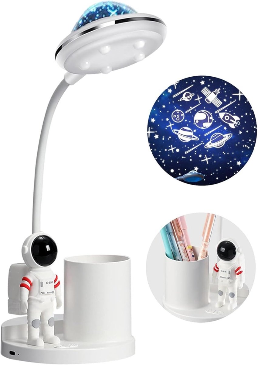 GELLDG Kinderbureaulamp - LED Astronaut Draagbare Bureaulamp - Leeslamp met Projector en Penhouder - Dimbare en Oplaadbare Bureaulamp - Kinderbedlamp - Geschikt voor Studeren en Lezen in Studentenhuizen