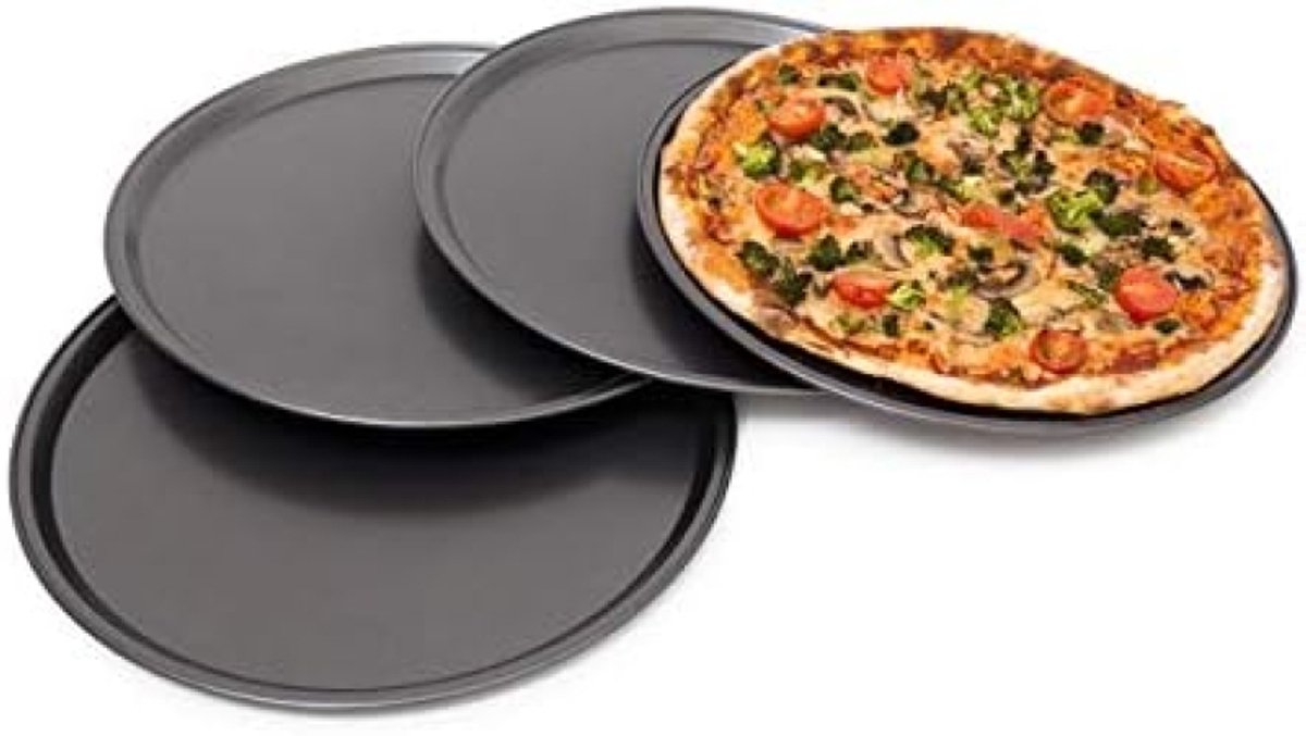 Ronde bakplaten voor pizza en brood, set van 4 stuks, antikleeflaag, geschikt voor alle ovens