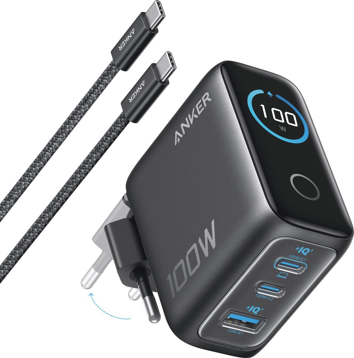 Anker Oplader - 100W Max USB C Oplader - 3-poorts GaN Wandadapter met Slim Display en Touchbediening - Inclusief USB-C Kabel