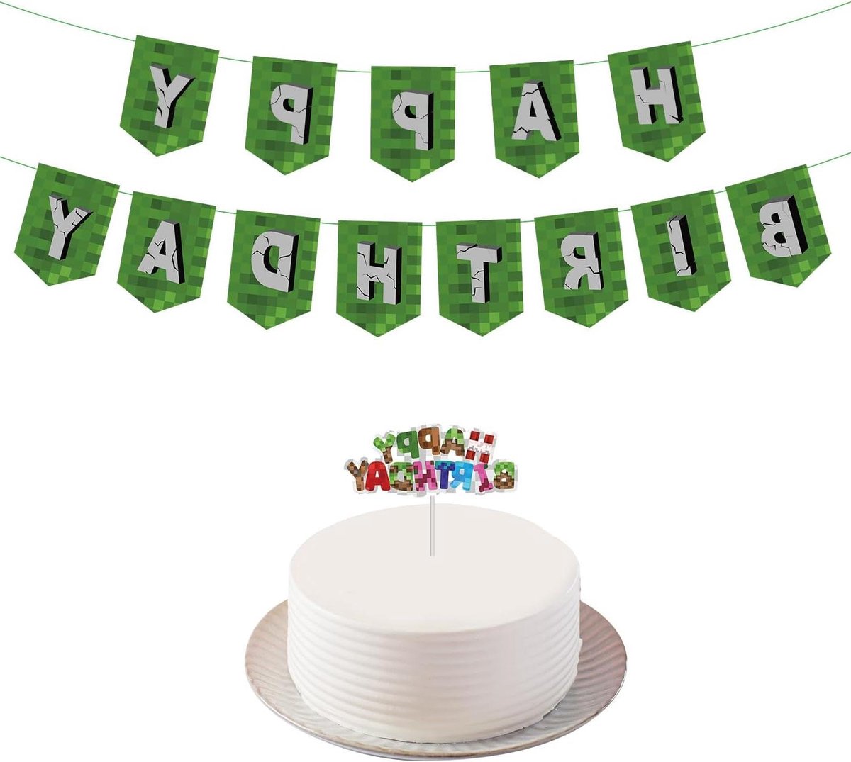 Happy Birthday Banner & Cake Topper voor Pixel Miner Thema Verjaardagsfeest - Geschikt voor Kinderen, Jongens - Feestartikelen met Borden, TNT Bunting Garland & Centerpiece