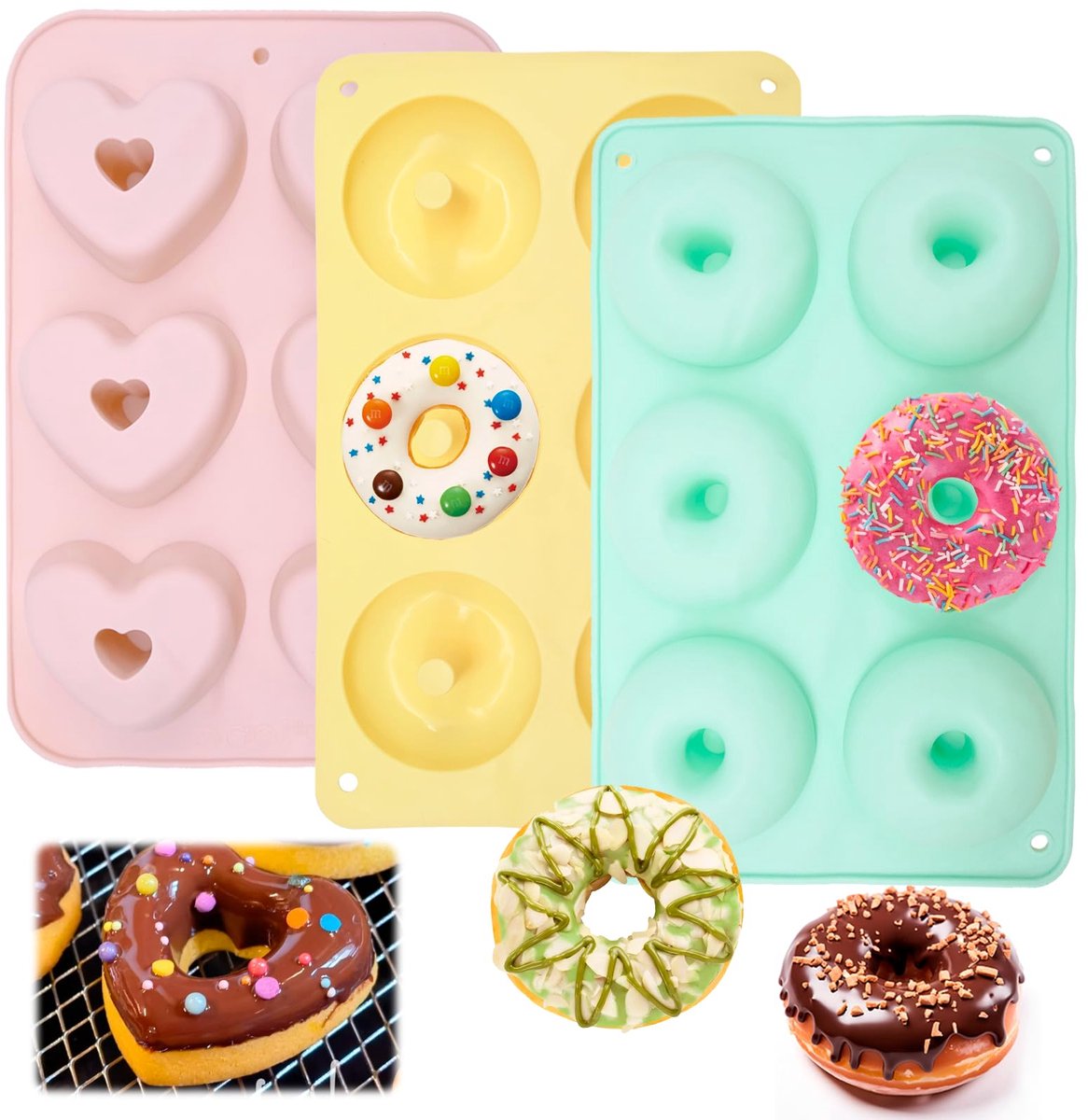 Unyqoos® Set van drie herbruikbare siliconen bakvormen voor donuts en muffins