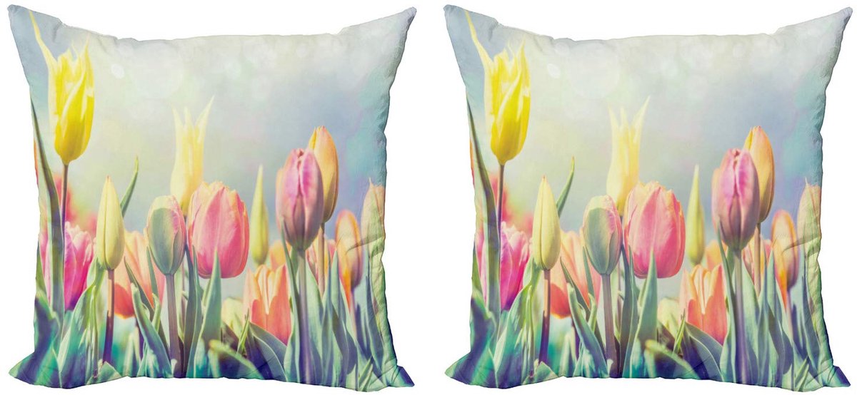 ABAKUHAUS Kussenhoes – Tulpen Bloementuin – 2x50x50 cm – Dubbelzijdig Babyblauw