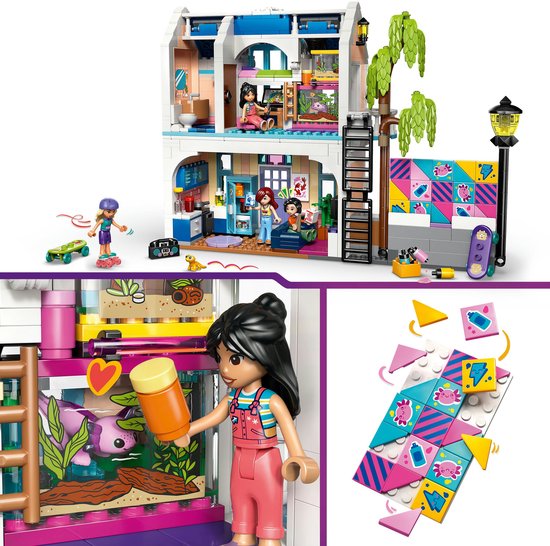 LEGO Friends Liann's Familiehuis met interieur, roze huis, skateboardbaan en decoratiestukjes.