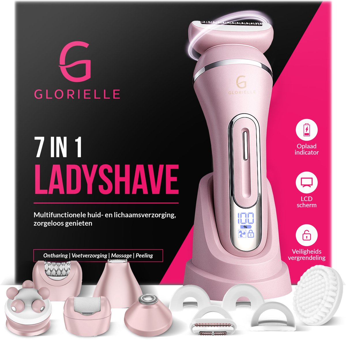 Glorielle® 7-in-1 Ladyshaves voor Vrouwen - Elektrisch Scheerapparaat - Epileerapparaat Dames - Bikini Trimmer - 7 Opzetstukken & Oplaadbaar - Schaamhaar & Gezichtsontharing - Wenkbrauw & Gezichtsepilator Vrouw - Bikinilijn & Intieme zone Scheren