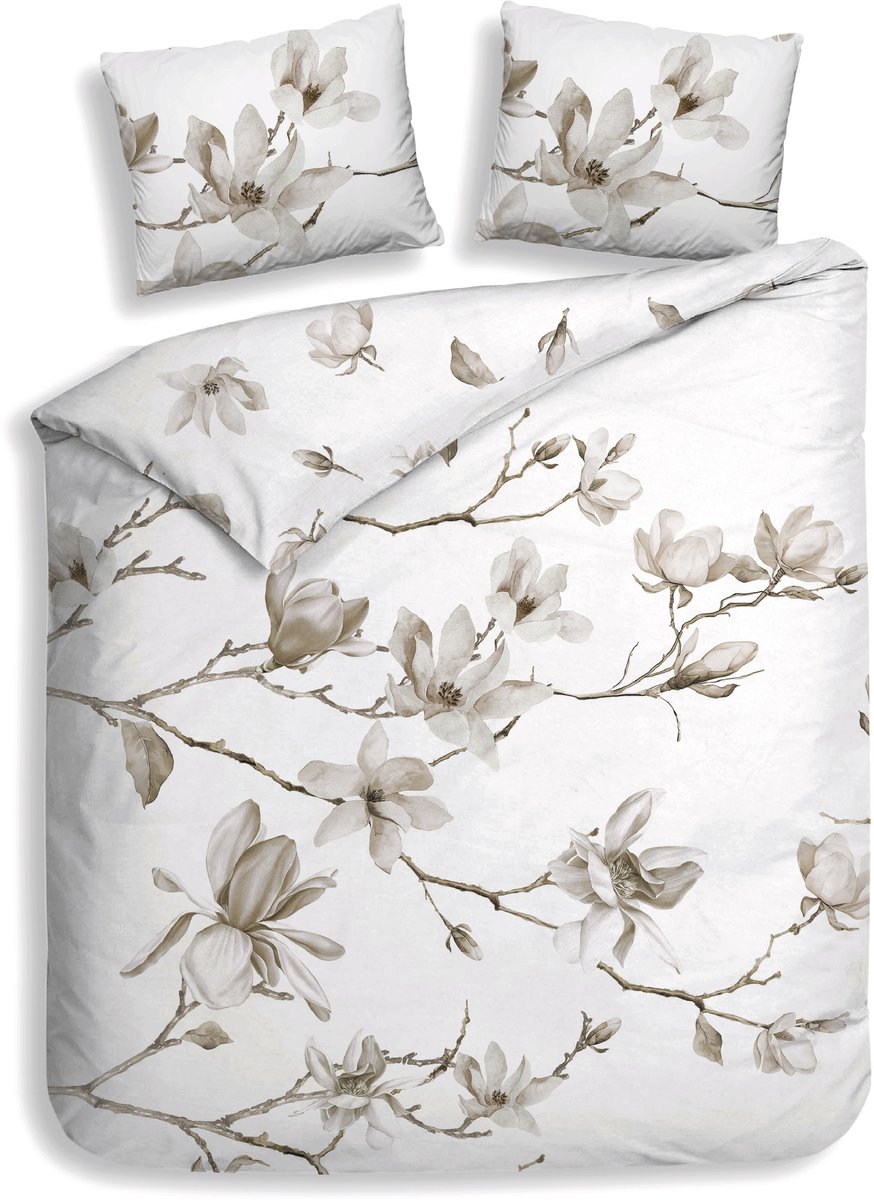 Heckettlane Dekbedovertrek Rio - Bedlinnen met Bloemen print - 240x200-220 cm - Lits-Jumeaux - Wit - Dekbedovertrek van 100% Katoen-Clip Sheared White