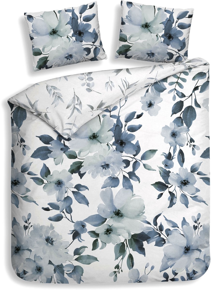 Heckettlane Dekbedovertrek Kristoffer - Bedlinnen met Bloemen print - 200x200-220 cm - Tweepersoons - Blauw - Dekbedovertrek van 100% Katoen-Satijn Blue