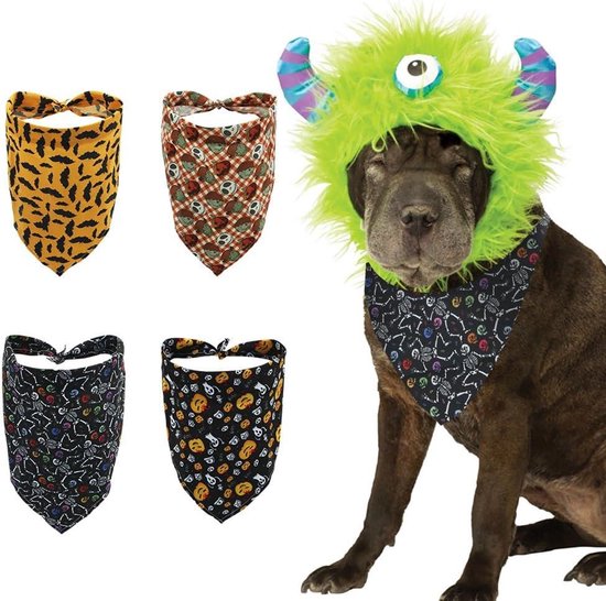 Cosensi - Halloween hondenbandana's set van 4 - Happy Halloween - driehoekige hondensjaal - vleermuis pompoen spook schedel - oranje donkerblauw patroon - huisdierbandana voor kleine middelgrote en grote honden - feestelijke hondenaccessoires
