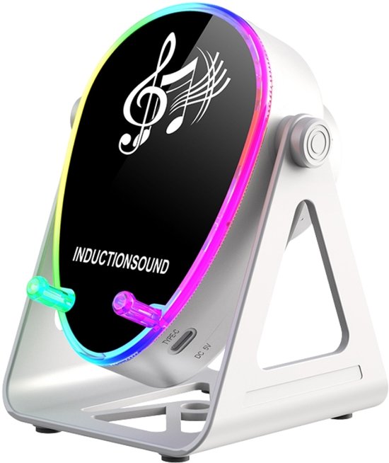 Wireless Mini Speaker 5W met Sensor Geluid, 15W Draadloze Oplader, RGB Verlichting, 180° Verstelbare Telefoonstandaard, Wit