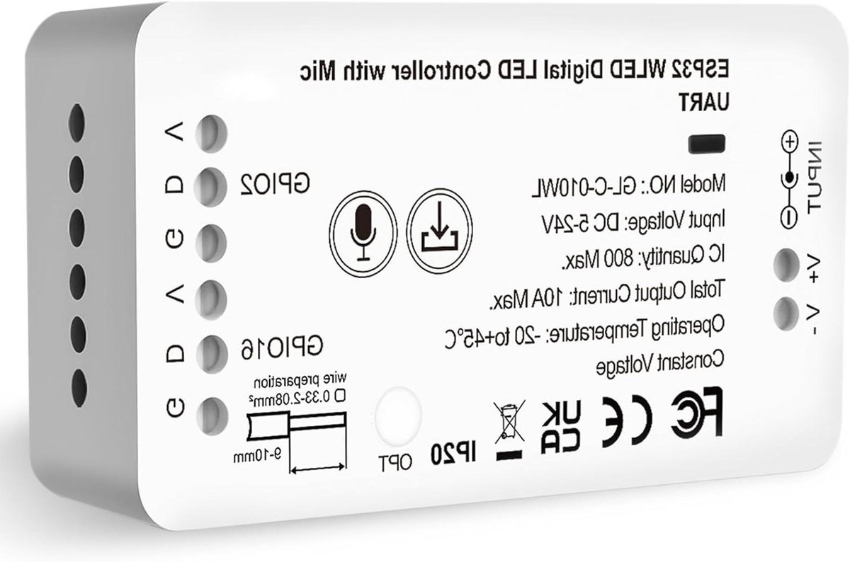 Cosensi - LED Strip Controller met Microfoon voor RGB/RGBW LED-strips - 100+ Effecten - 5-24V DC