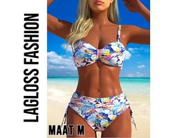LaGloss® Dames Hoge Taille Bikini Set – Bloemenprint & Buikcontrole – Blauw/Wit Tweedelig Badpak – Rekbare Stof – Maat M