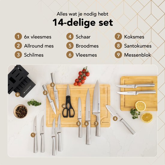 Een 14-delige messenset met messenblok, snijplank, citroenen, tomaten en peperkorrels.