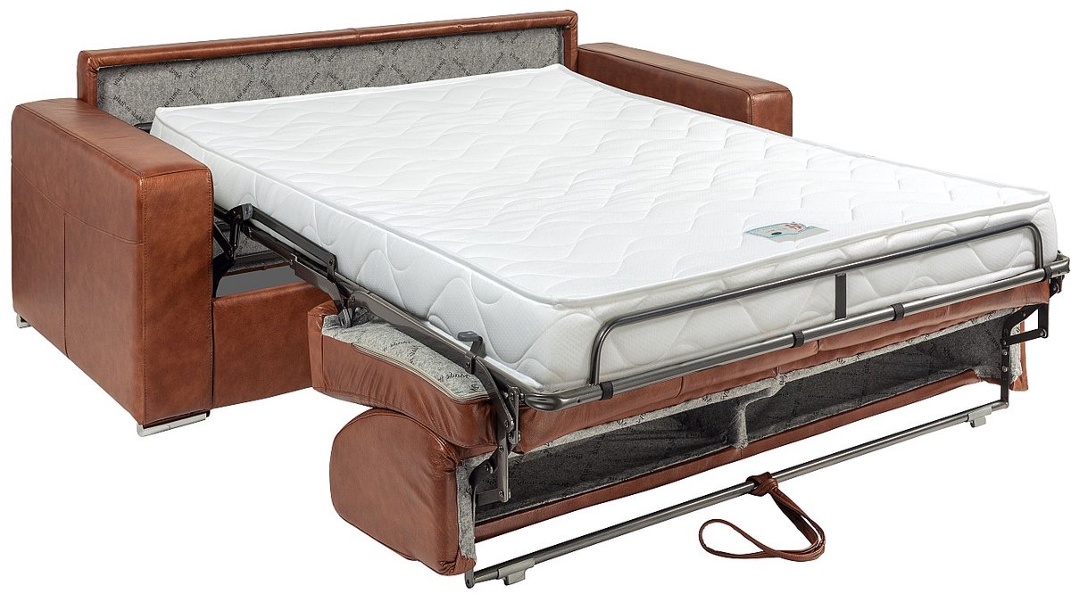 Vente-unique Driezits express slaapbank in vintage karamelkleurig buffelleer - Slaapoppervlak 140 cm - Matras 14 cm - CALITO