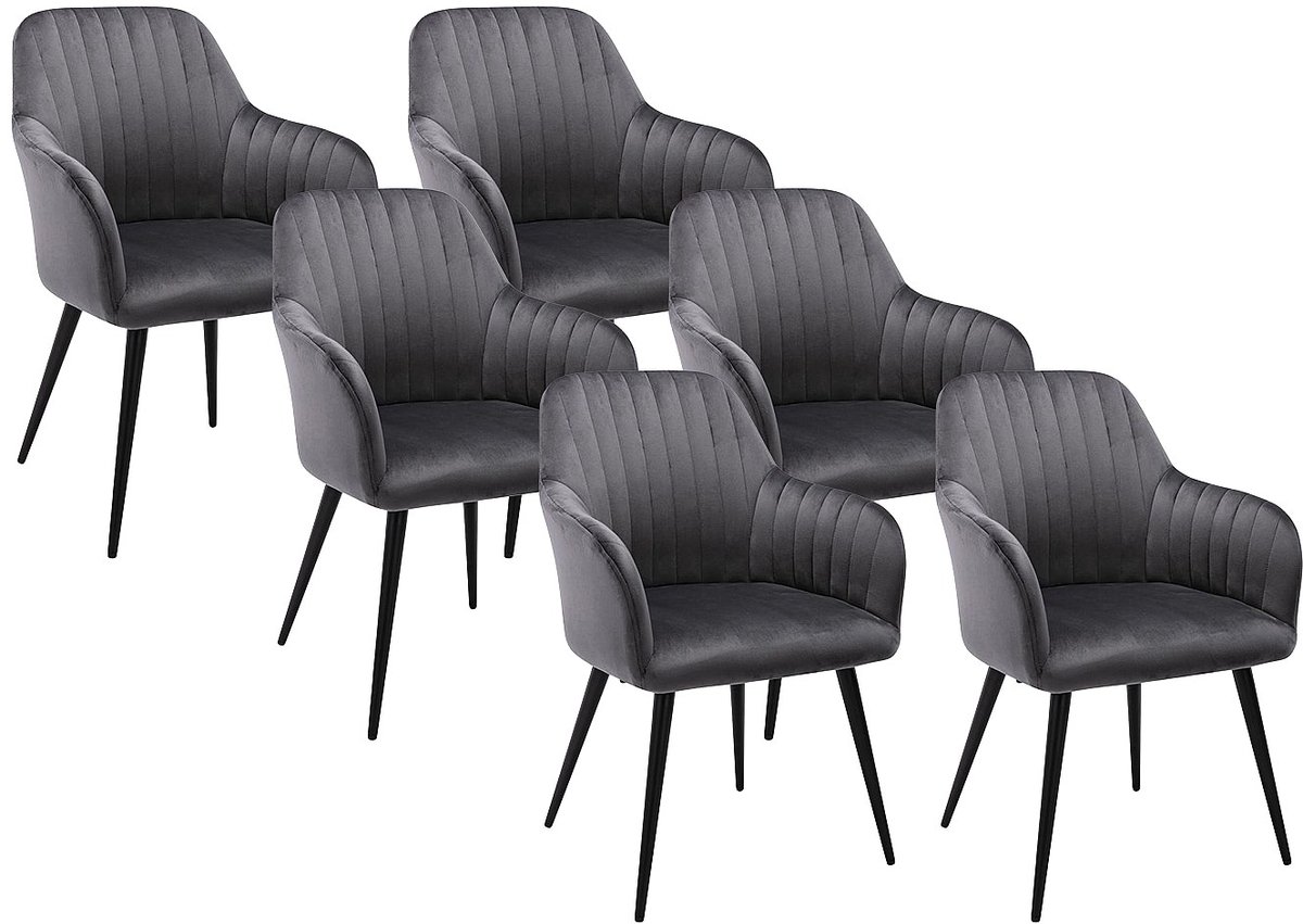 Vente-unique Set van 6 stoelen met fluweel en zwarte metalen leuningen - Grijs - ELEANA