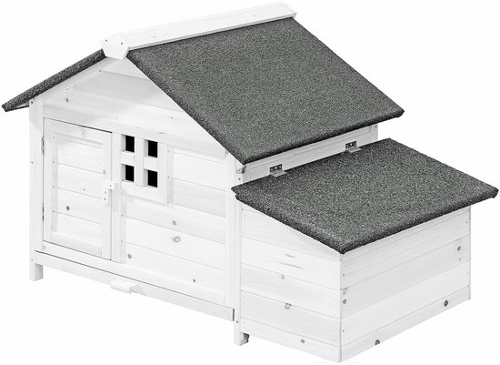 Wit houten kippenhok met schuin zwart dak, zittend op witte achtergrond.