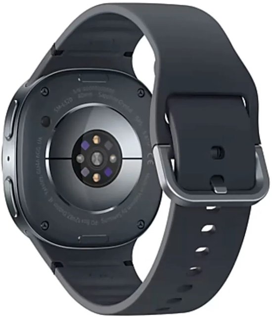Achterkant van donkergrijze smartwatch met sensoren en band.