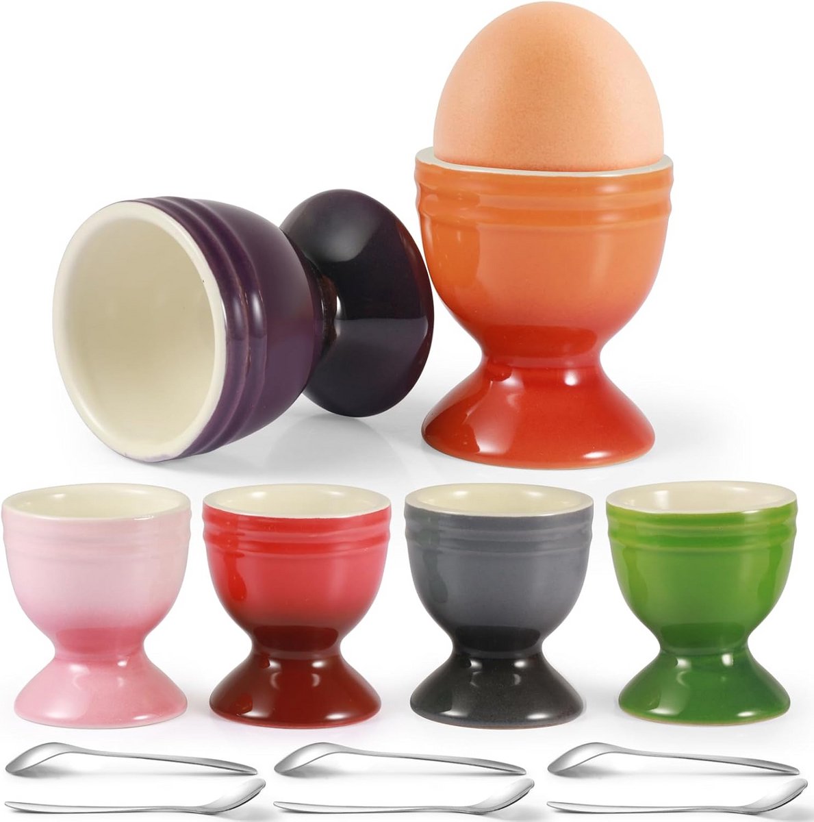 Set van 6 Kleurrijke Keramische Eierdopjes met Lepels voor Ontbijt