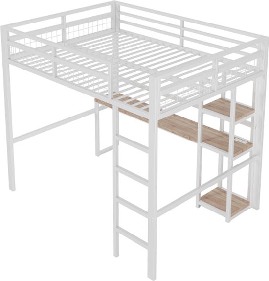 Hoogslaper - 140 x 200 cm - met bureau en opbergplank - grenen - kleur wit