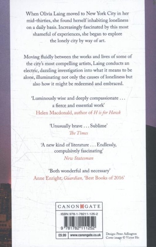 Achterkant van het boek 'The Lonely City' met tekst over de inhoud en recensies, en een afbeelding van een stadsgezicht aan de onderkant.