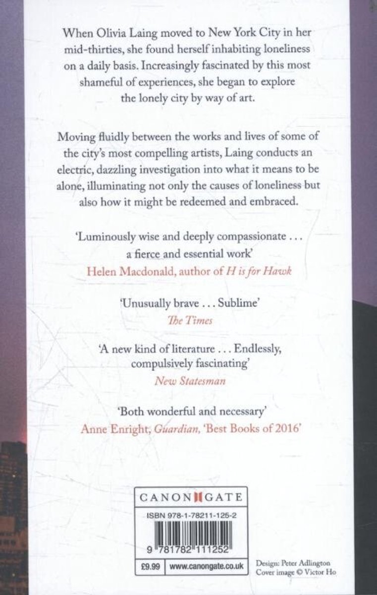 Achterkant van het boek 'The Lonely City' met tekst over de inhoud en recensies, en een afbeelding van een stadsgezicht aan de onderkant.