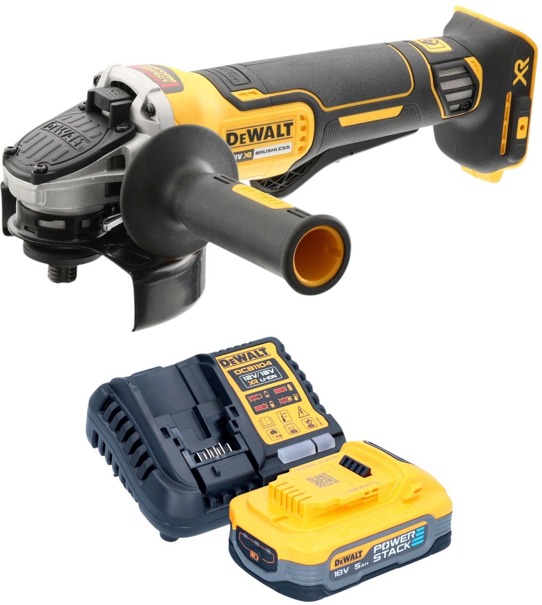 DeWalt DCG 406 H1 accu haakse slijper 18 V 125 mm borstelloos + 1x Powerstack accu 5,0 Ah + oplader