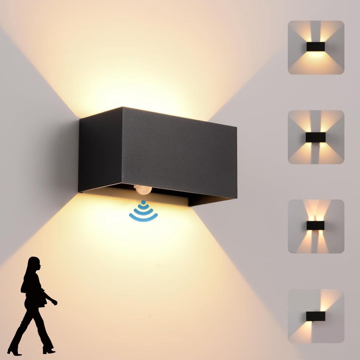 GELLDG LED-wandlamp geschikt voor binnen en buiten - Buitenlamp met bewegingssensor - 24 W - IP65 waterdichte buitenwandlamp - warm wit 3000 K - Moderne buitenlamp - Verstelbare stralingshoek - Zwart