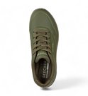 Legergroene Skechers Uno damessneaker, van bovenaf gezien, met vetersluiting, geperforeerde details en Skechers Air-Cooled inlegzool.