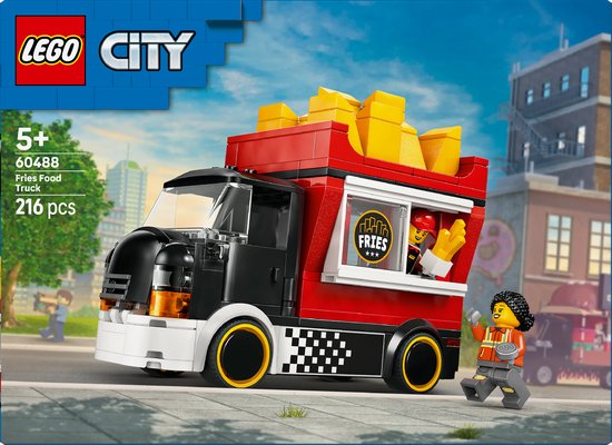 LEGO City snackbartruck verpakking. Rode truck met gouden frietjes, met stad op de achtergrond.