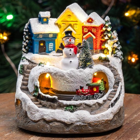 Kersthuisjes-Kersthuisjes met beweging-Kerstversiering-verlichting-8 Muziek-Sneeuwpop en draaiende trein - LED-verlichting - Kerstdorpfiguren - Kerstdecoratie cadeau