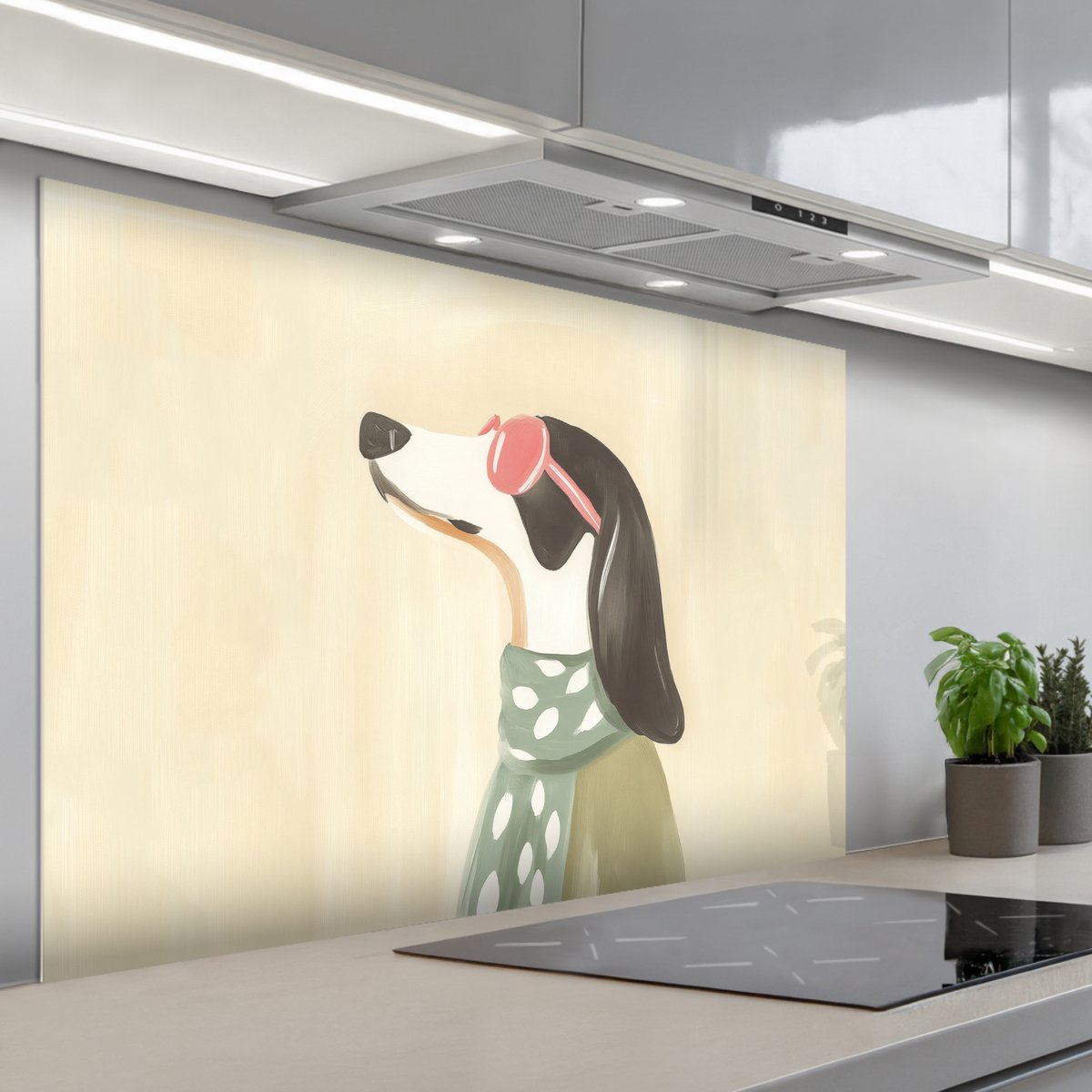 KitchenYeah Spatscherm 120x80 cm Zelfklevende achterwand Hond Zonnebril Sjaal Keuken muurbeschermer Spatwand fornuis