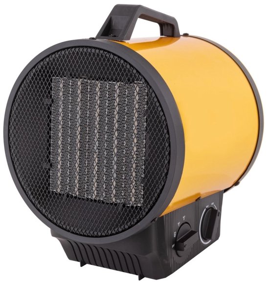 Gele keramische werkplaatskachel met ventilatierooster aan de voorzijde en zwarte basis met draaiknop.