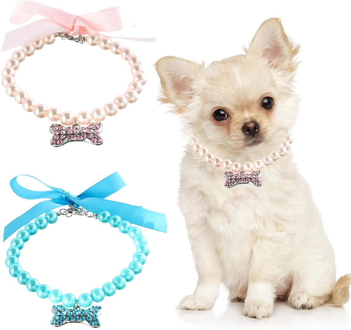 Provento - Halsbanden voor honden en katten met strassteentjes en parels, in blauw en roze - set van 2 stalkettingen met bling-bling - huisdier sieraden en accessoires voor meisjes, trouwhalsband, modieus kostuum.