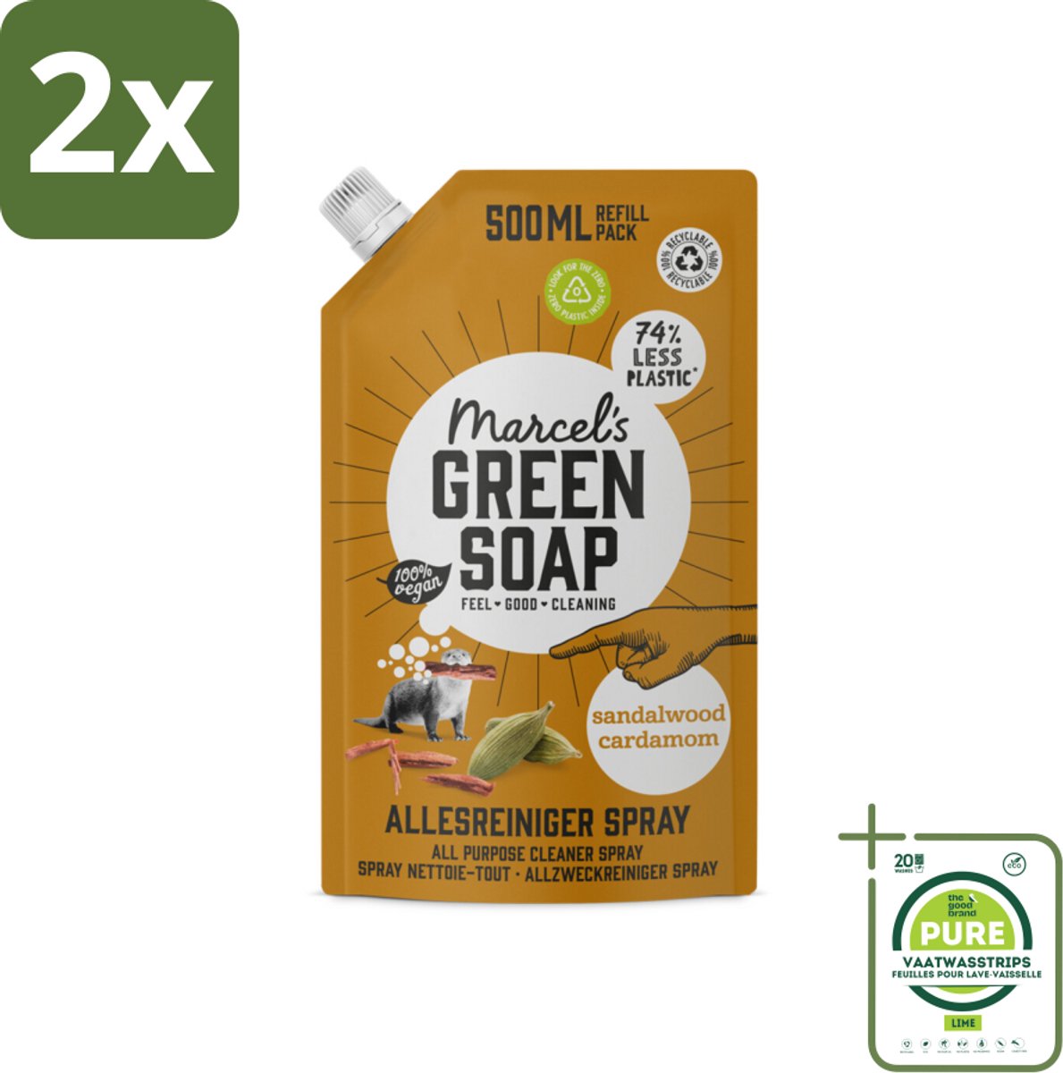 Marcel's Green Soap - Allesreiniger Spray - Navulling - Sandelhout & Kardemon - Frisse reiniging - 500 ml - Voordeelverpakking - 2 stuks - Allesreiniger - Schoonmaakmiddel