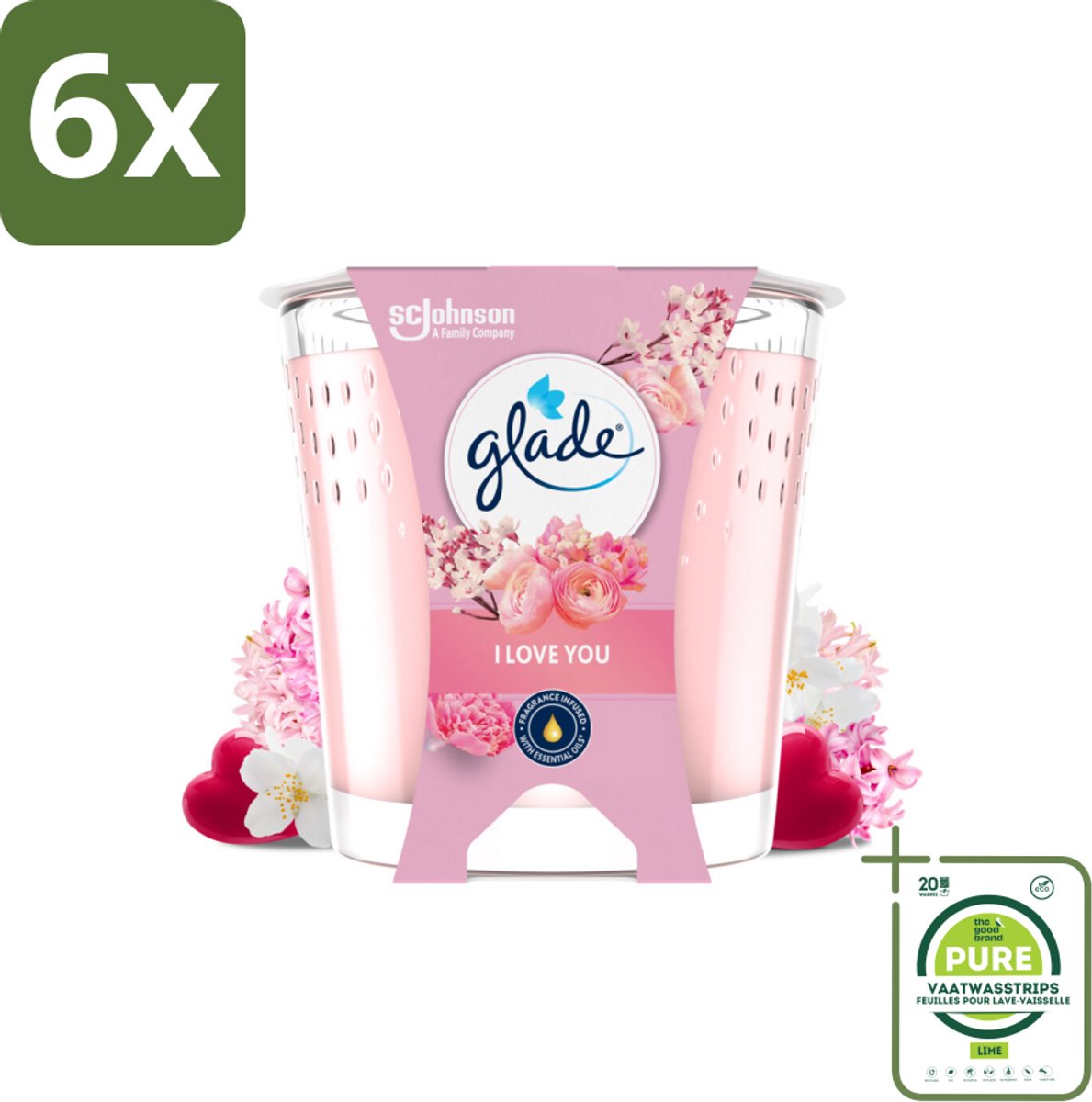 Glade - Geurkaars I Love You - 100% Raapzaadwas & Vegan - 112 g - Voordeelverpakking - 6 stuks - Geurkaars - Vegan