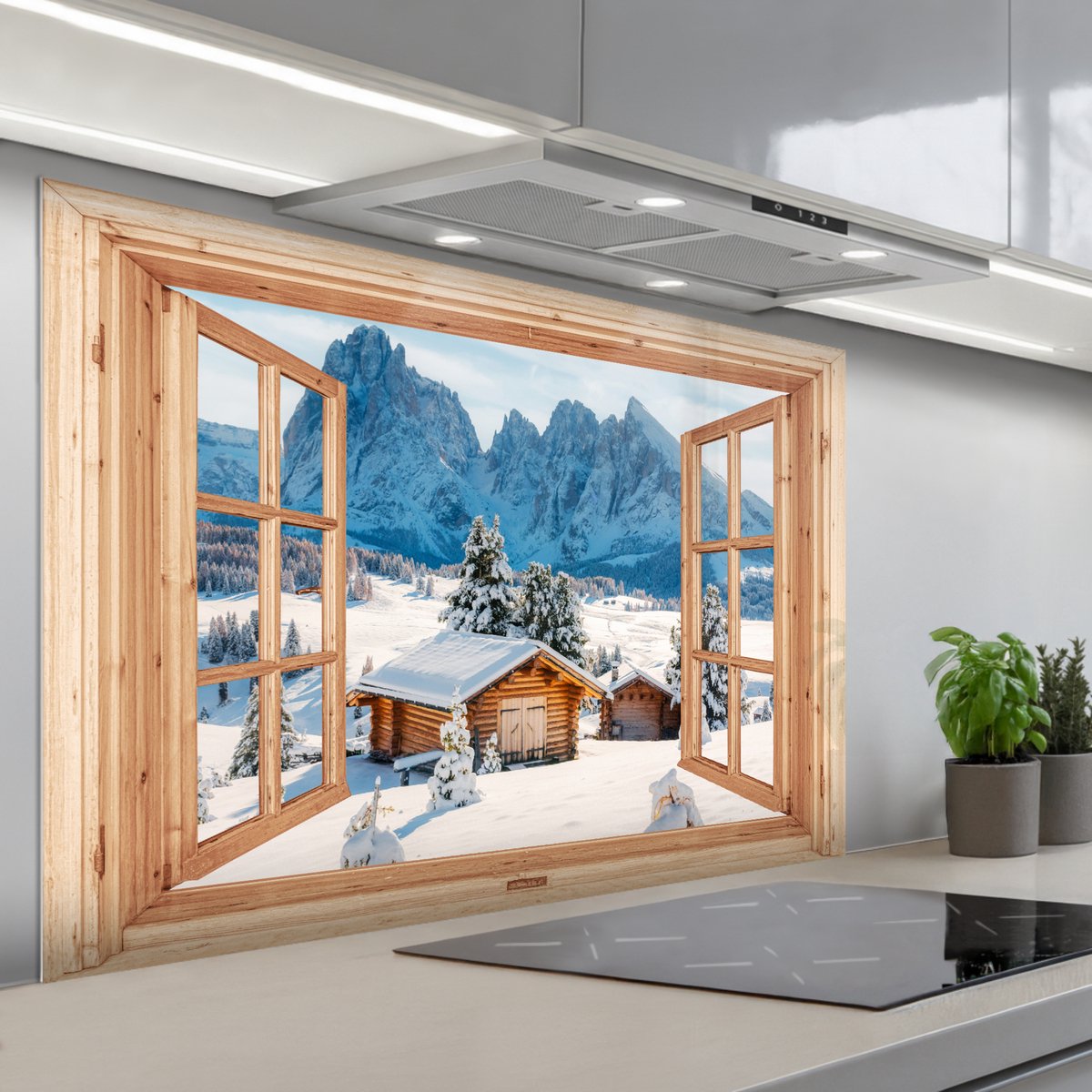 KitchenYeah Spatscherm 120x80 cm Zelfklevende achterwand Doorkijk Winterlandschap Huisje Bergen Uitzicht Keuken muurbeschermer Spatwand fornuis