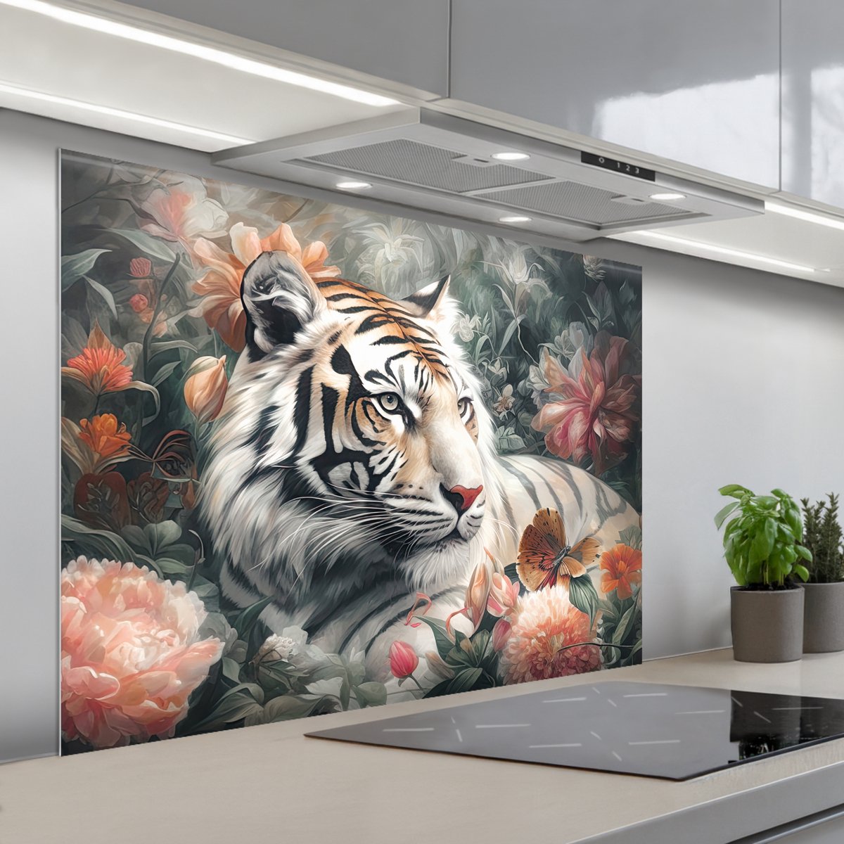 Spatscherm 100x75 cm - Zelfklevende achterwand Tijger - Wilde dieren - Bloemen - Jungle - Keuken muurbeschermer - Spatwand fornuis